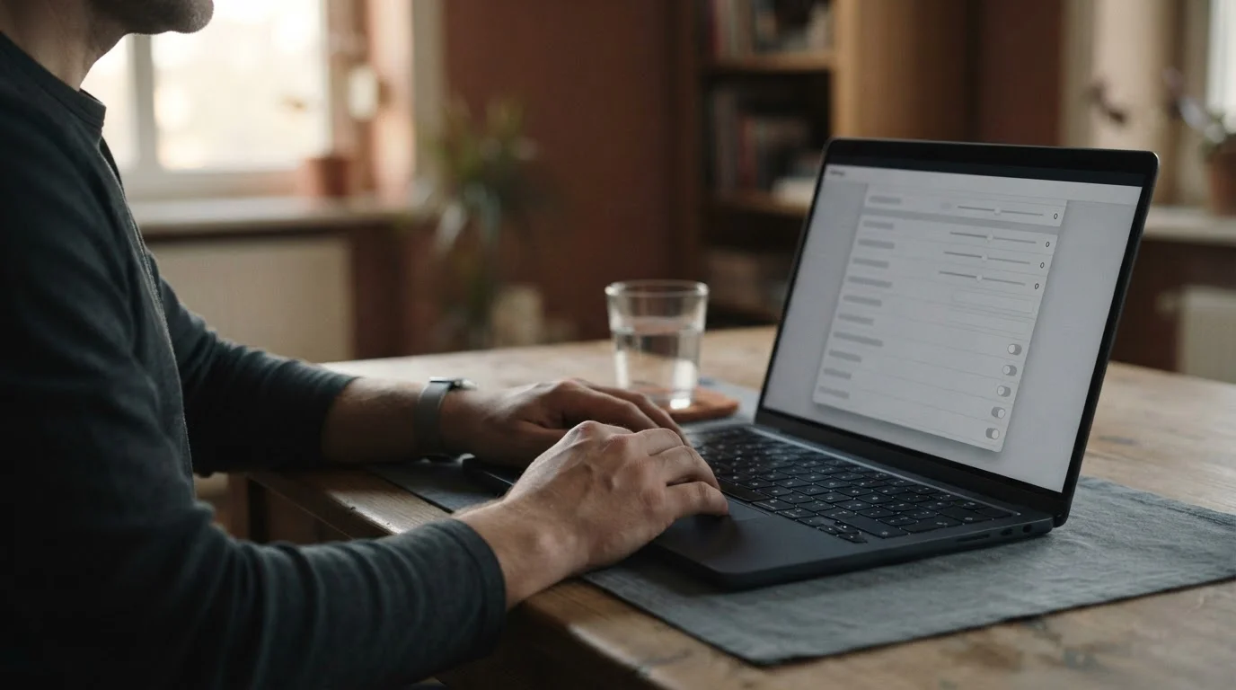 Silhouet van handen bij een laptop met een neutraal instellingenscherm
