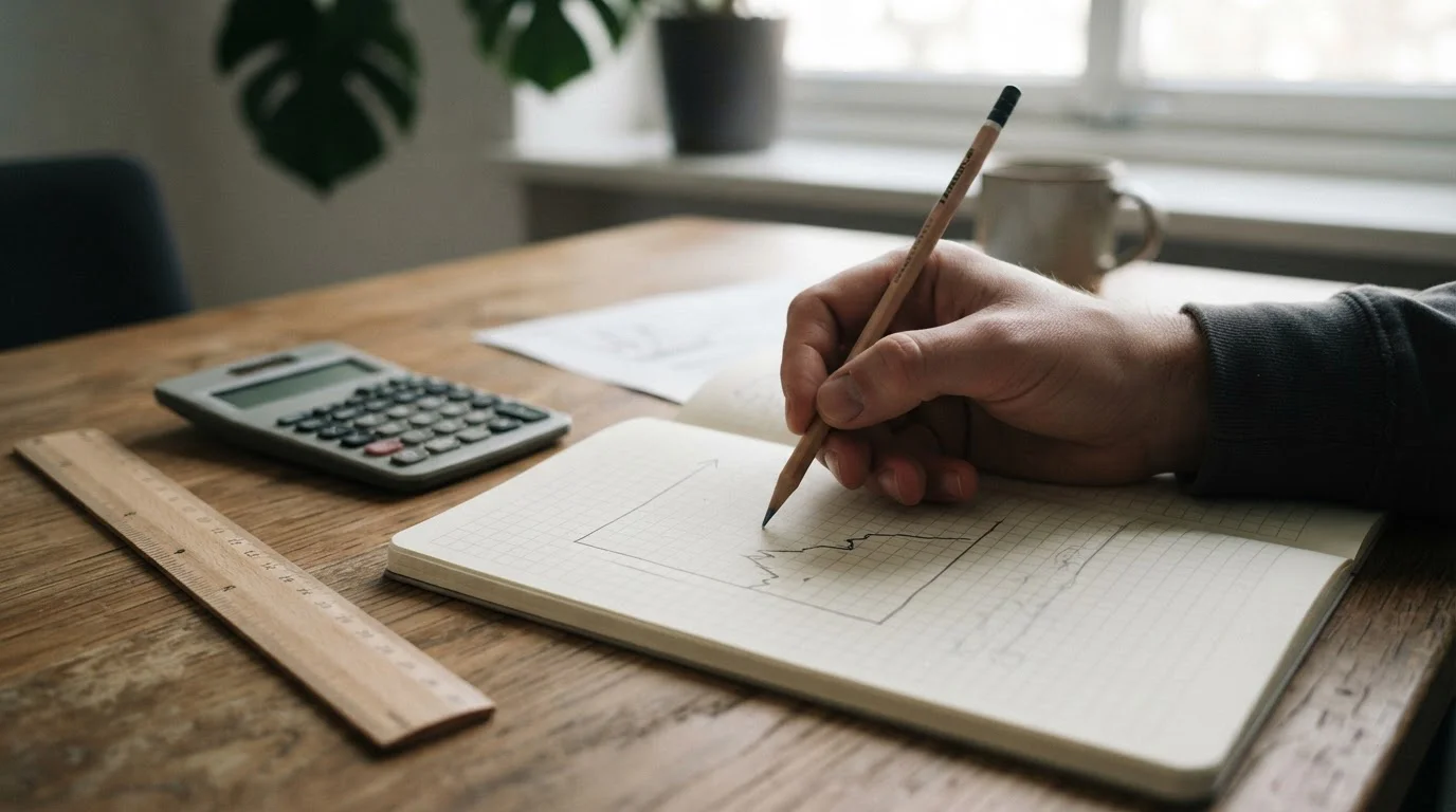 Hand die met potlood een dalende lijn tekent in een eenvoudig schrift