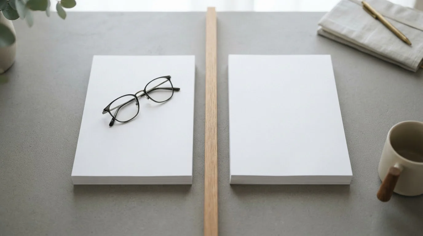 Twee stapeltjes papieren op een bureau als vergelijking tussen feit en belofte