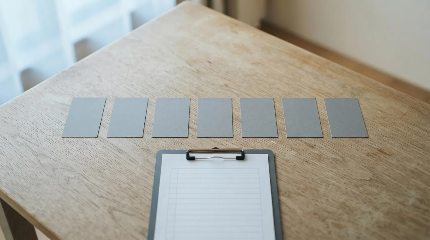 Zeven neutrale kaartjes op een tafel als schematische weergave van vergunde aanbieders