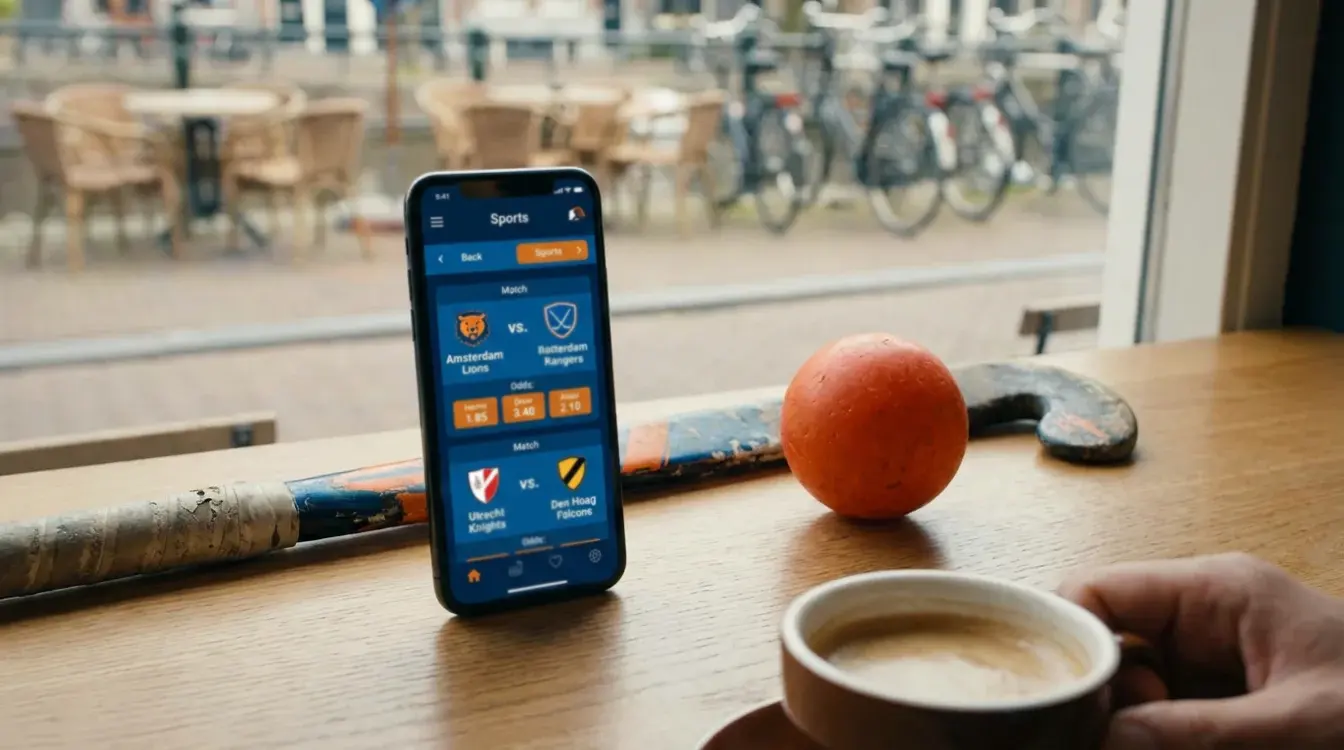 Smartphone met sportwedden app voor hockey naast een hockeystick