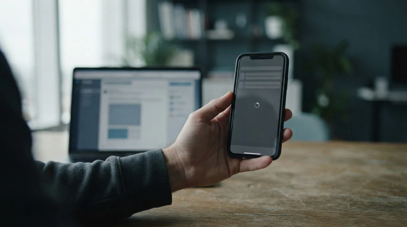 Hand houdt smartphone vast met neutrale interface, laptop op de achtergrond