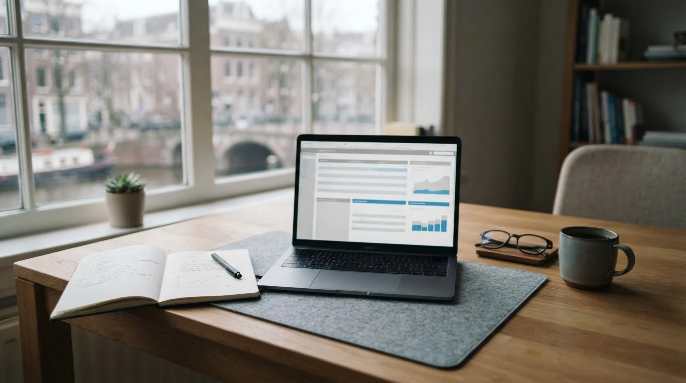 Analytisch bureau met laptop en notities over de Nederlandse sportweddenschappenmarkt