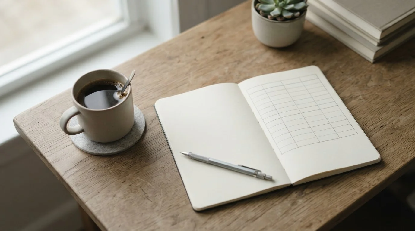 Notitieblok met een handgetekende vergelijkingstabel naast een kop koffie op een houten bureau
