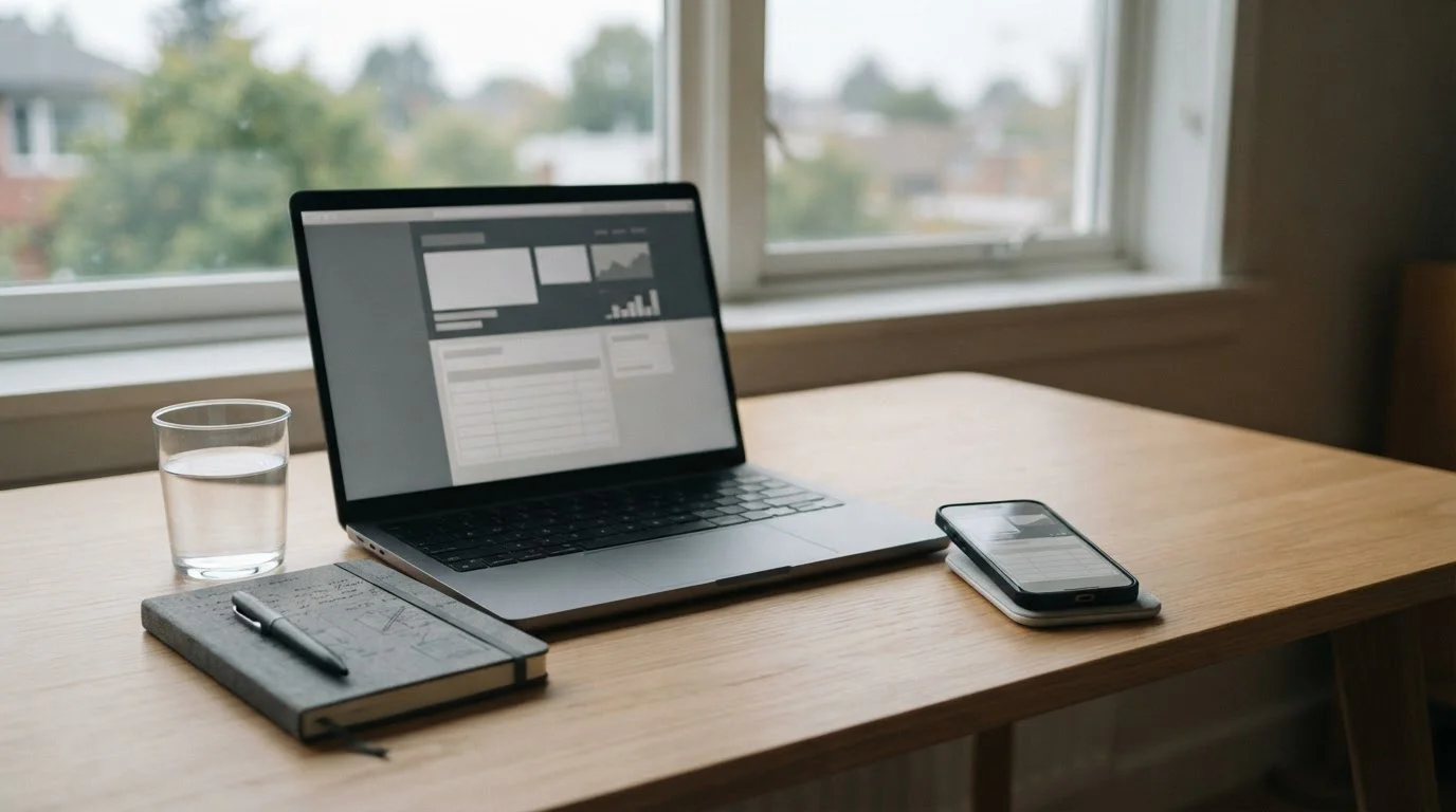 Bureau met laptop en smartphone die een neutrale betaalinterface tonen, ochtendlicht door het raam