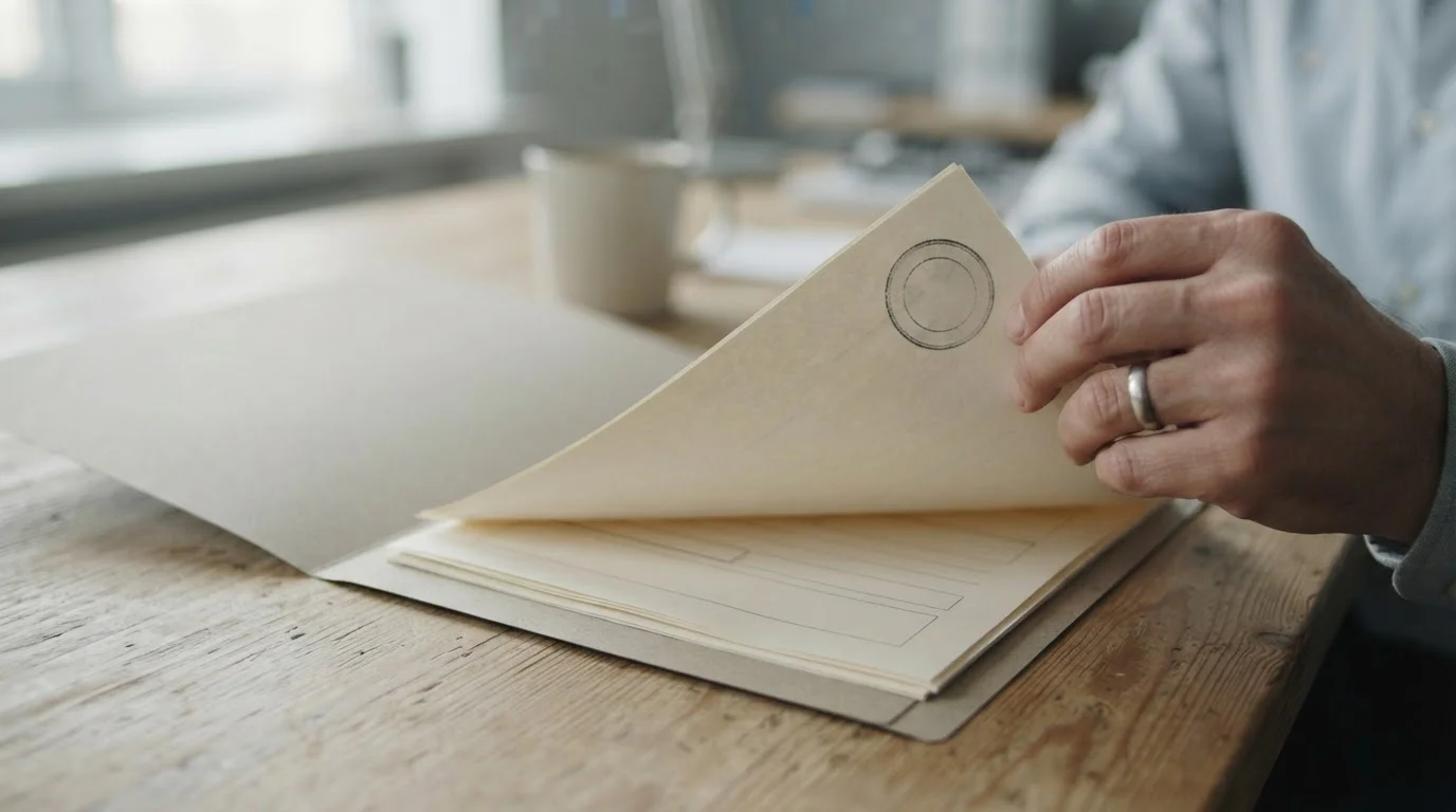Close-up van een hand die een documentmap met vergunningsstempel doorbladert op een houten tafel
