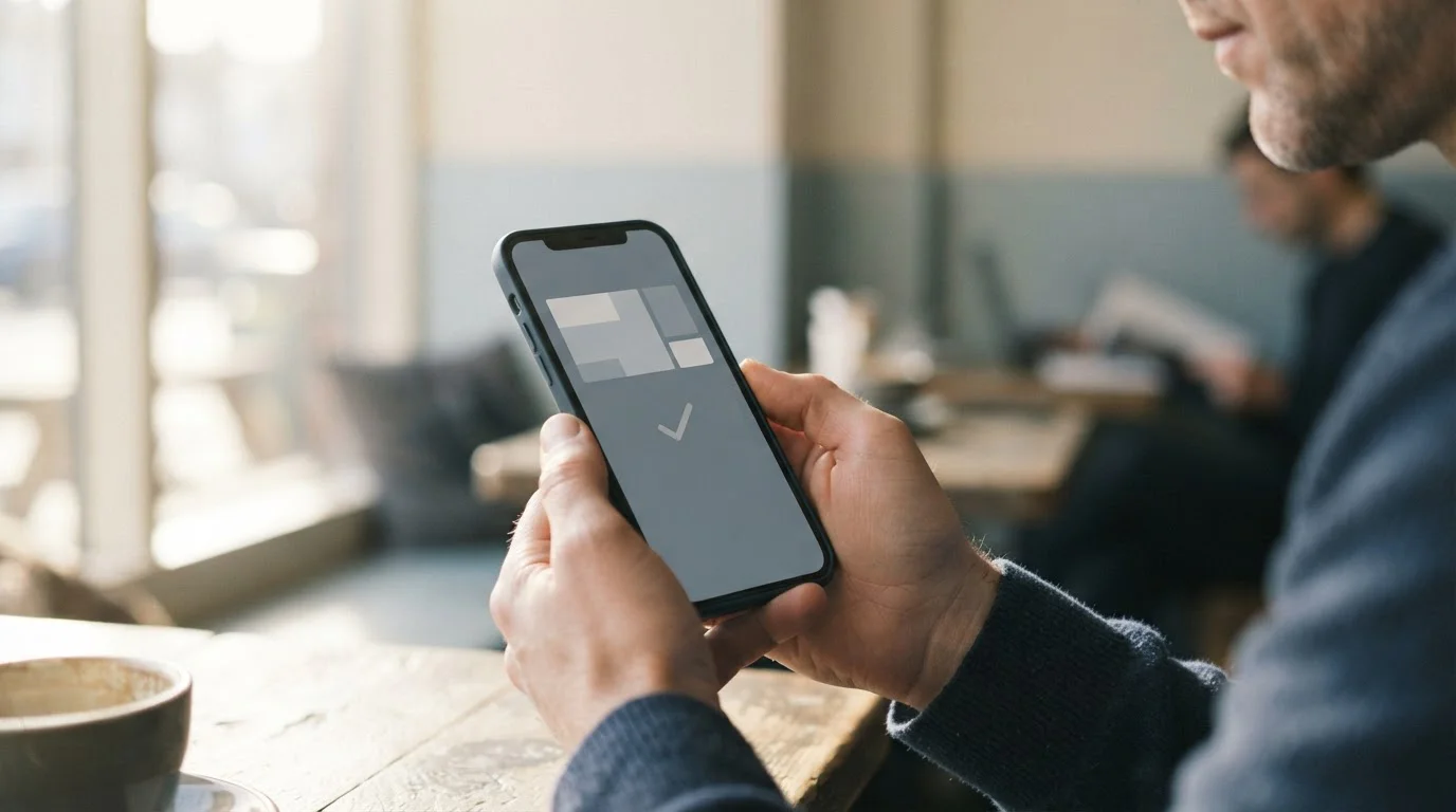 Hand die een smartphone vasthoudt met een neutraal betaalschermpje, wazige achtergrond met daglicht