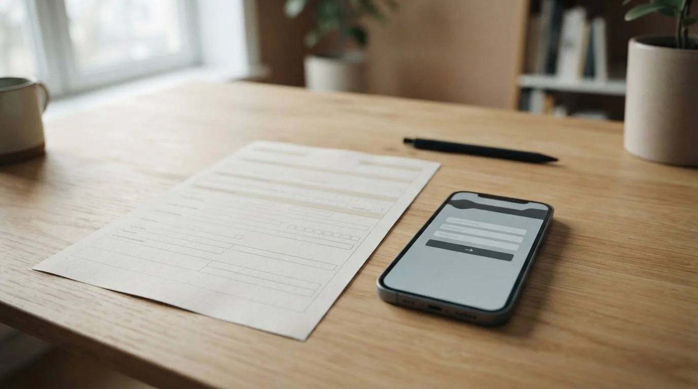 Formulier en digitale rekening naast elkaar op een bureau