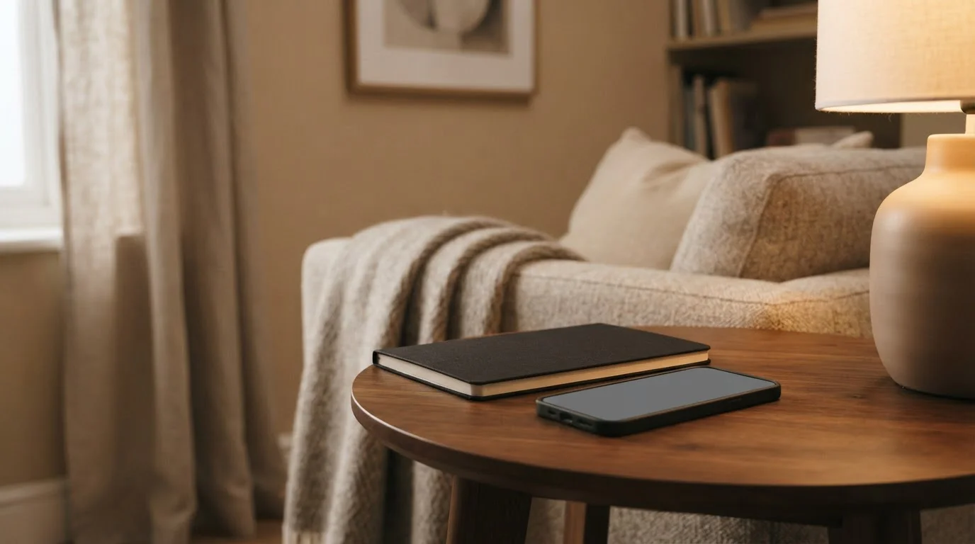 Notitieboek naast een smartphone tijdens het volgen van een lopende wedstrijd