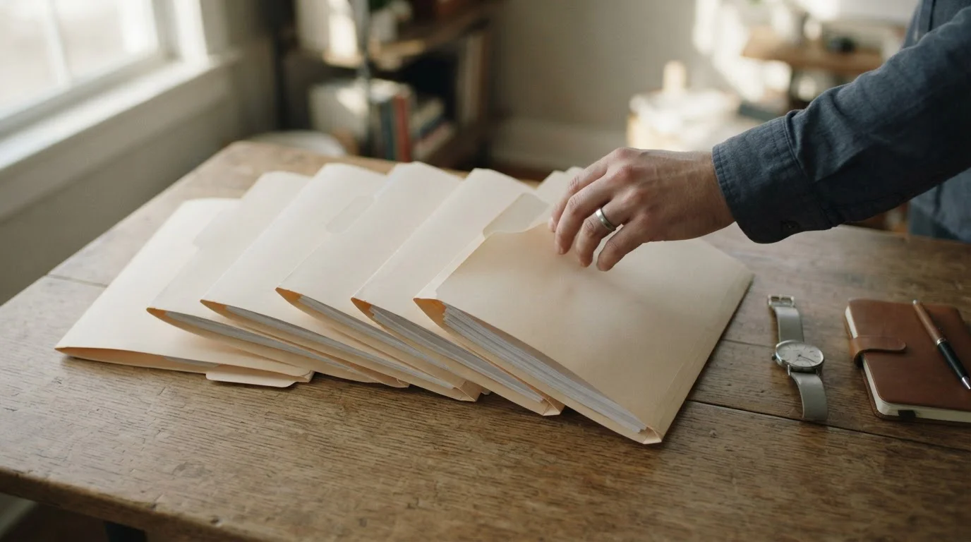 Stapel dossiermappen met handgeschreven aantekeningen per vergunninghouder