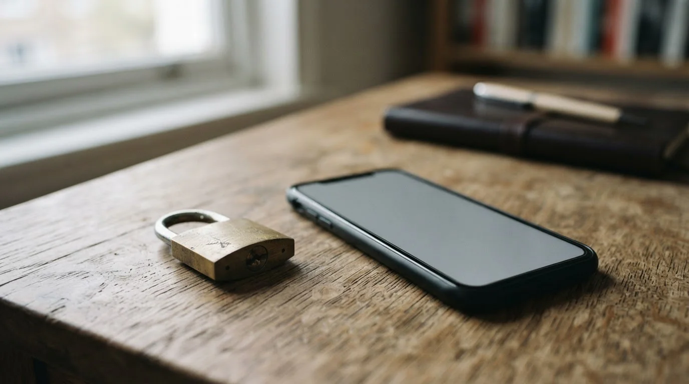 Hangslot naast een smartphone met een leeg scherm verbeeldt een geblokkeerde digitale betaling