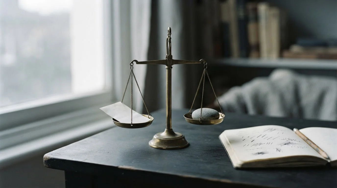 Weegschaal en notitieblok op bureau symboliseren afweging tussen vrijheid en bescherming