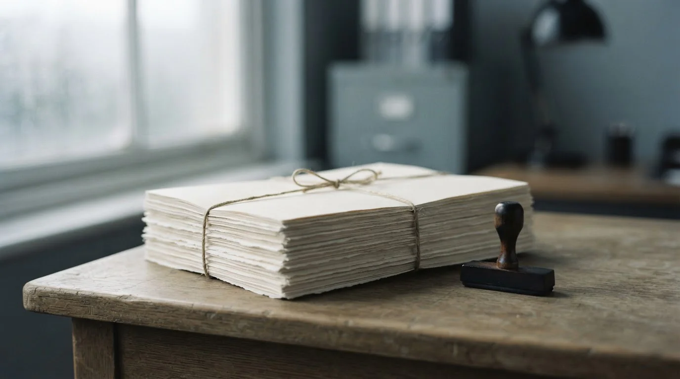 Stapel documenten en een blanco stempel op een bureau verwijzen naar een handhavingsdossier tegen een boekmaker