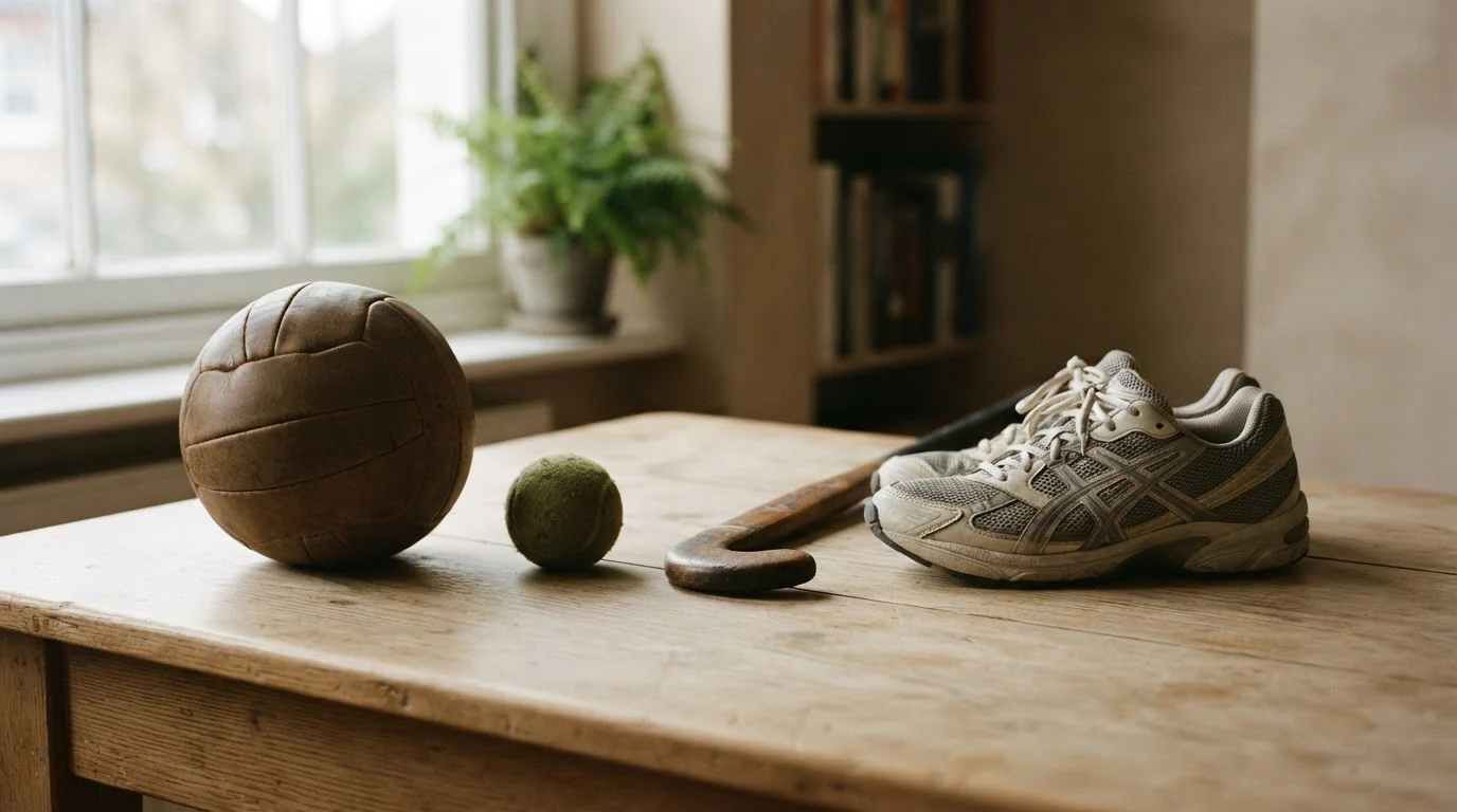 Stilleven met voetbal, tennisbal en hockeystick op een houten tafel