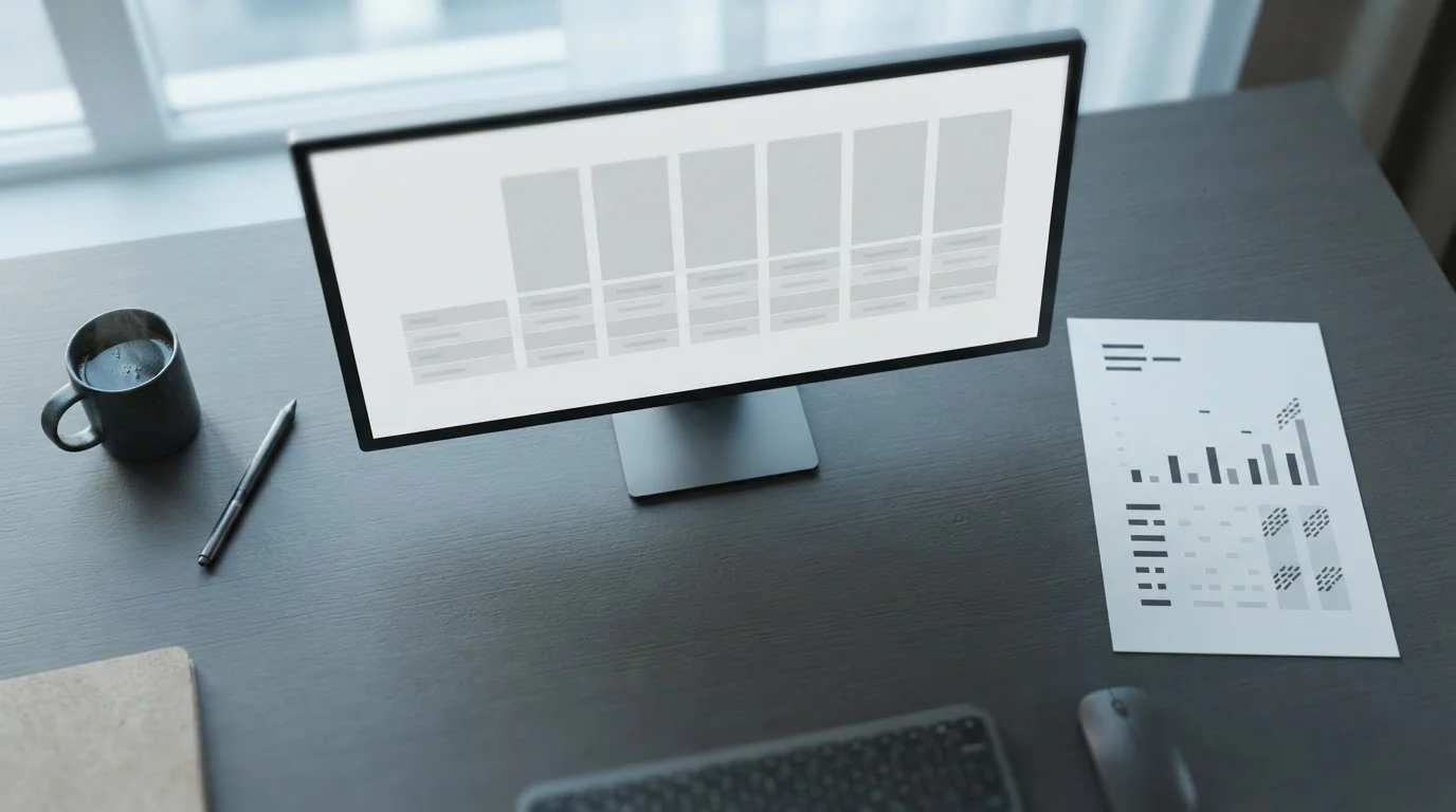 Vergelijkende tabel op een monitor met zeven anonieme kolommen naast elkaar
