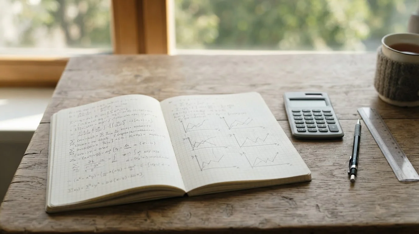 Notitieboek met handgeschreven berekeningen en een rekenmachine