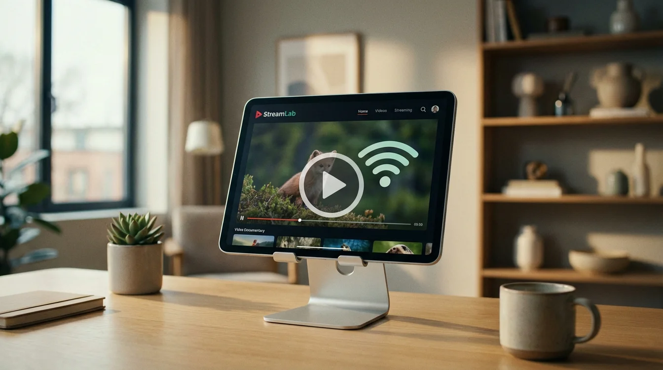 Tablet met streaming app en wifi-symbool in een moderne omgeving