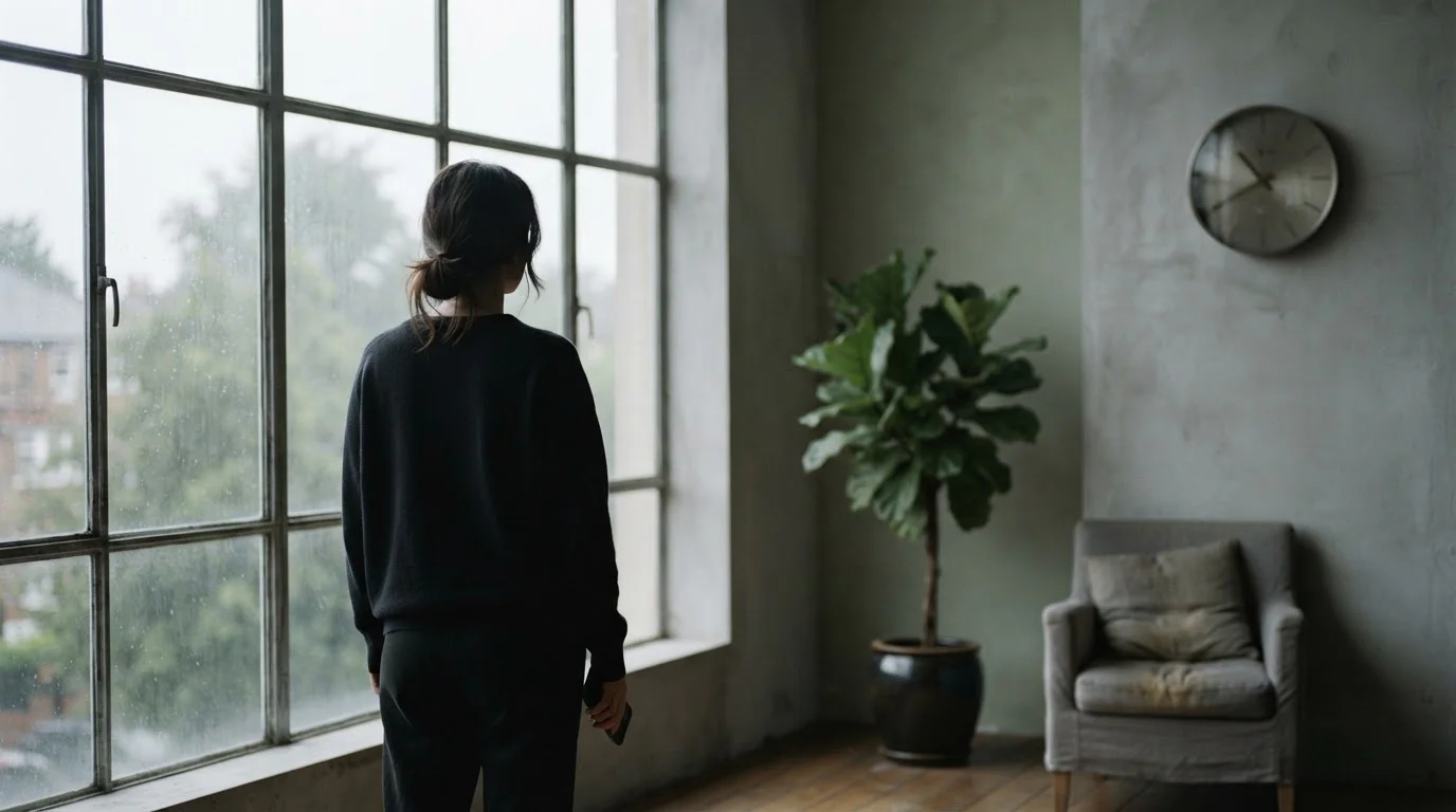 Silhouet van een persoon die wacht bij een raam met een telefoon in de hand