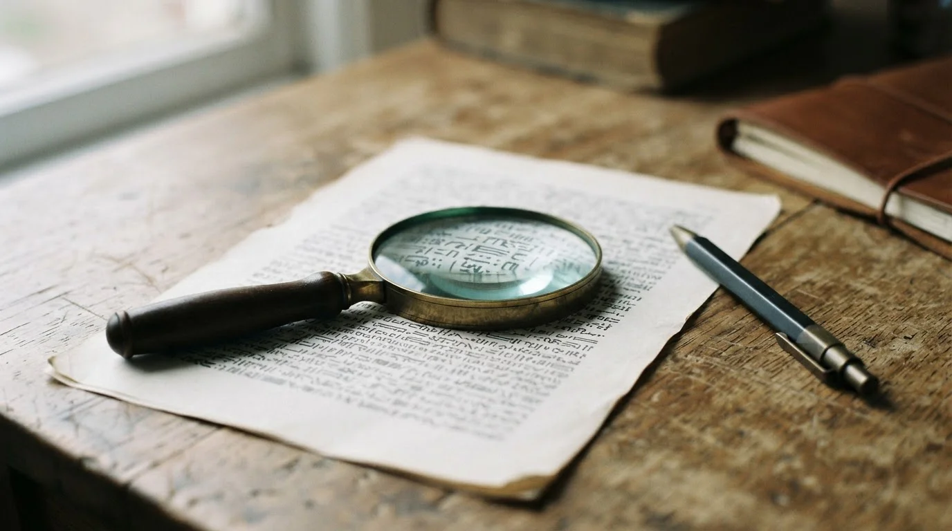 Vergrootglas boven kleine lettertjes van bonusvoorwaarden op een bureau