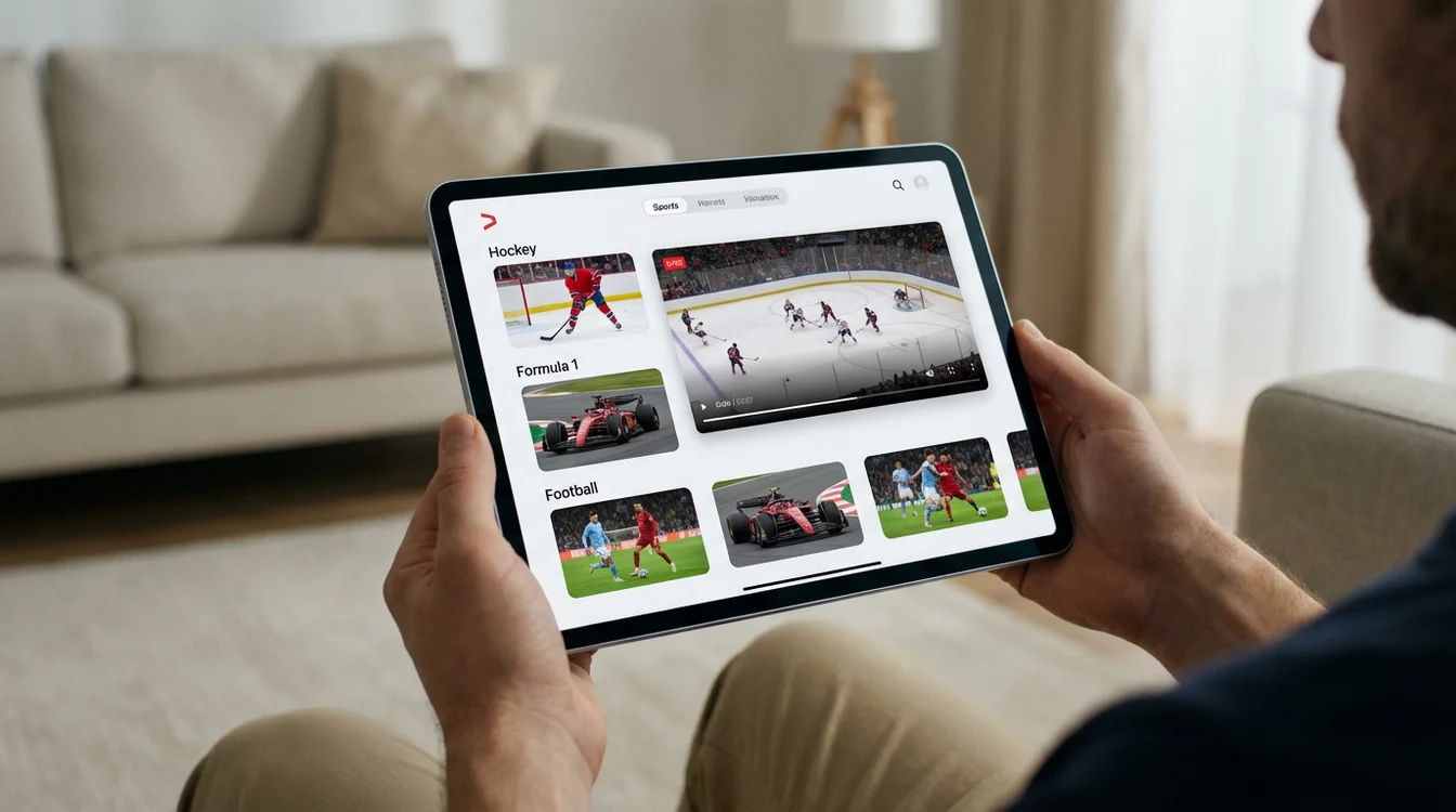 Tablet met Viaplay streamingdienst die verschillende sportcontent toont