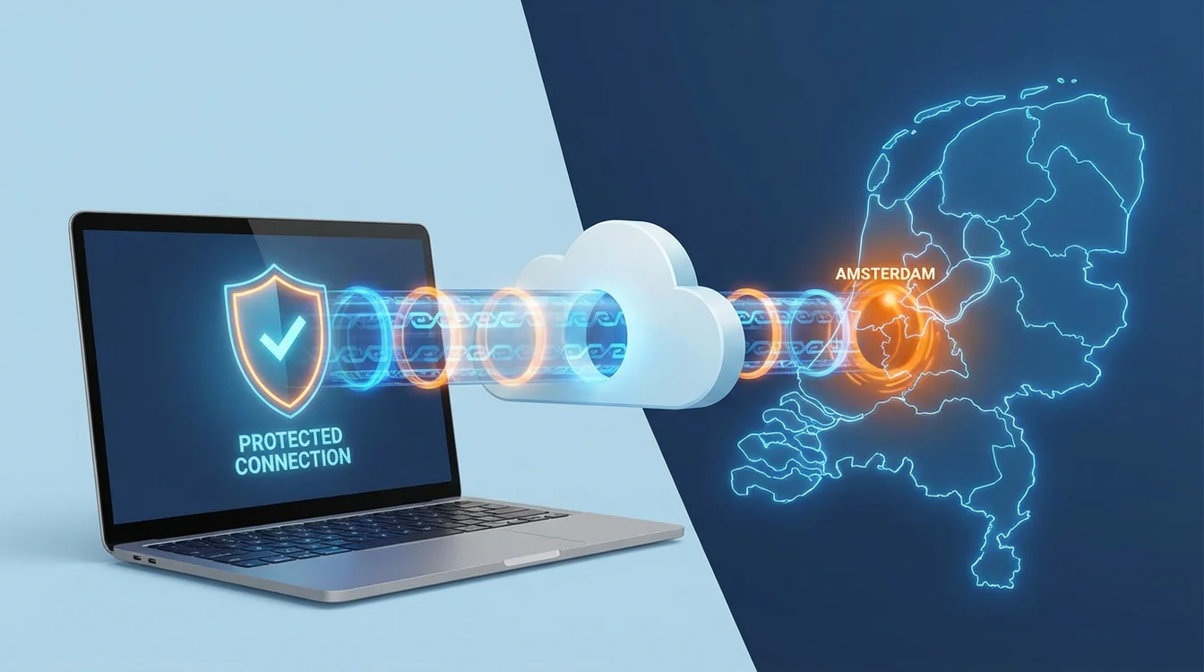 Illustratie van een beveiligde VPN-verbinding van het buitenland naar Nederland