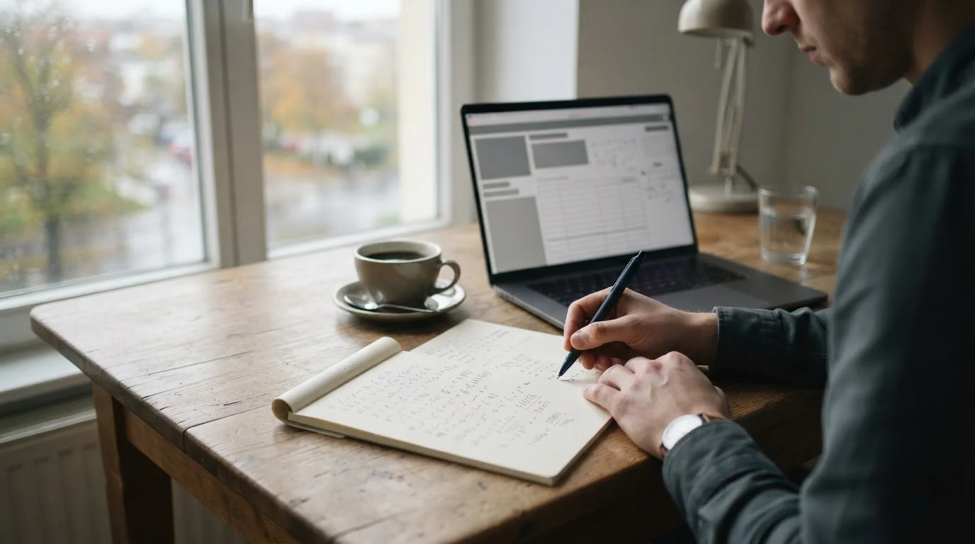 Bureau met notitieblok en laptop waarop bonusvoorwaarden worden geanalyseerd