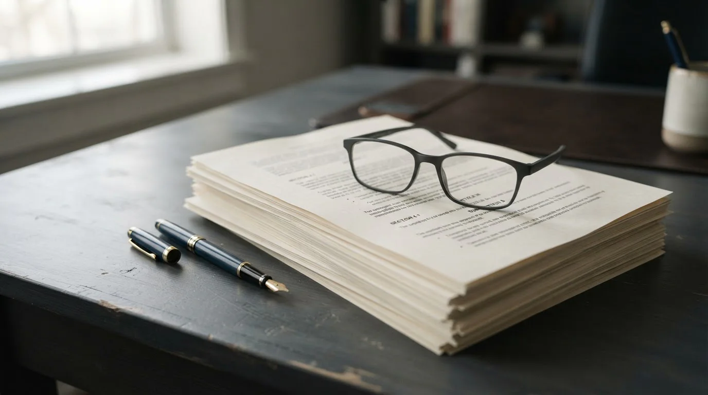 Documenten met bonusvoorwaarden en een leesbril op een bureau