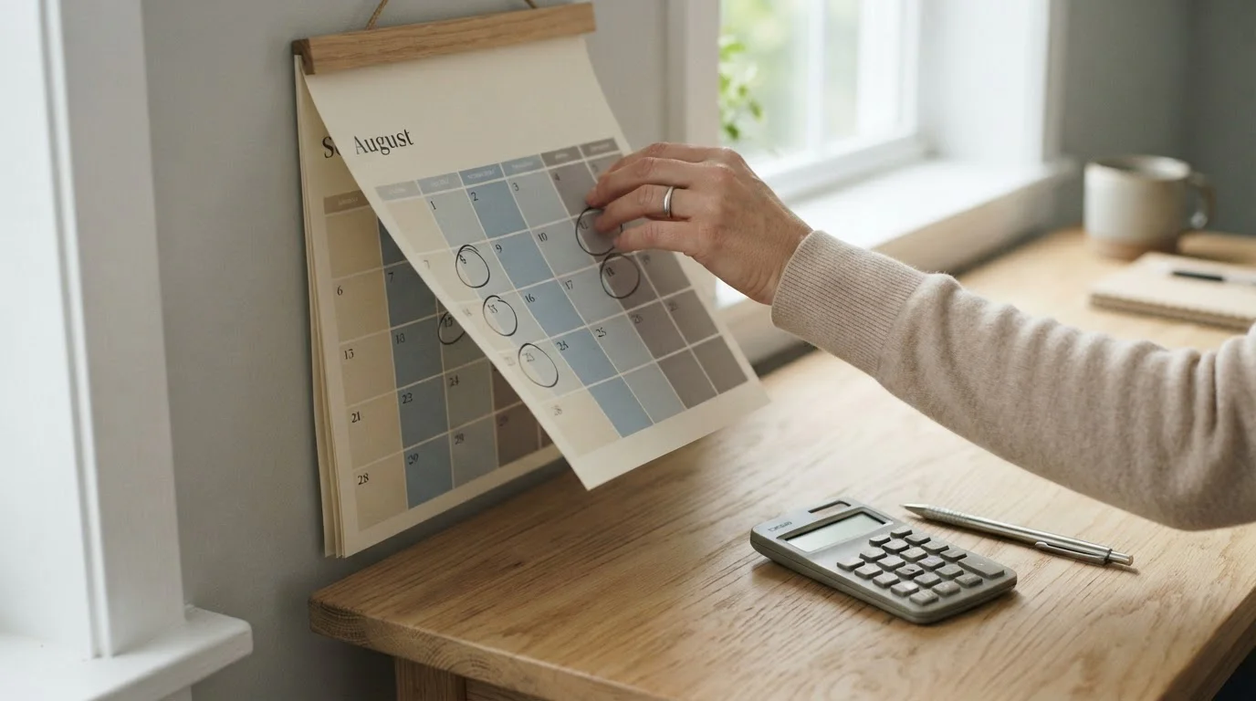 Kalender met gemarkeerde stortingsdata naast een rekenmachine op een bureau