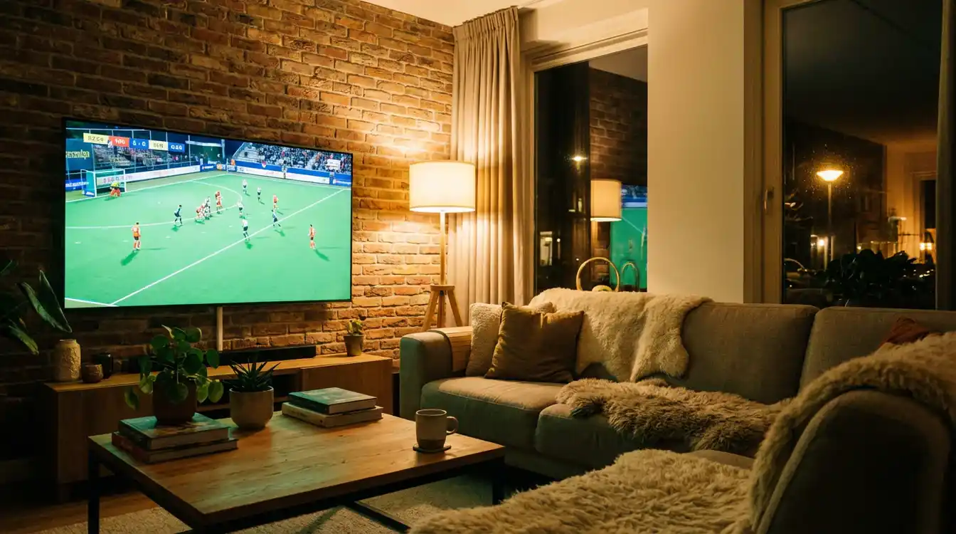 Gezellige woonkamer met een smart-tv waarop een hockeywedstrijd wordt gestreamd