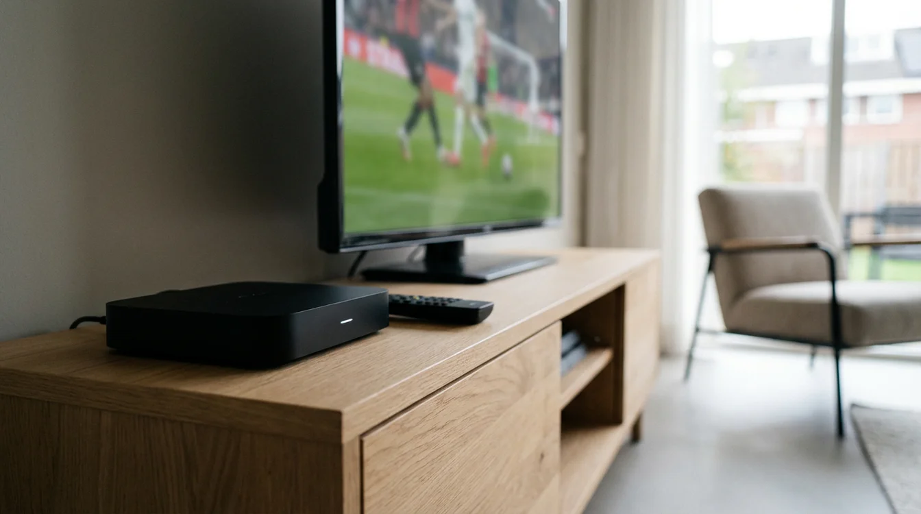 Ziggo mediabox met afstandsbediening op een televisiemeubel
